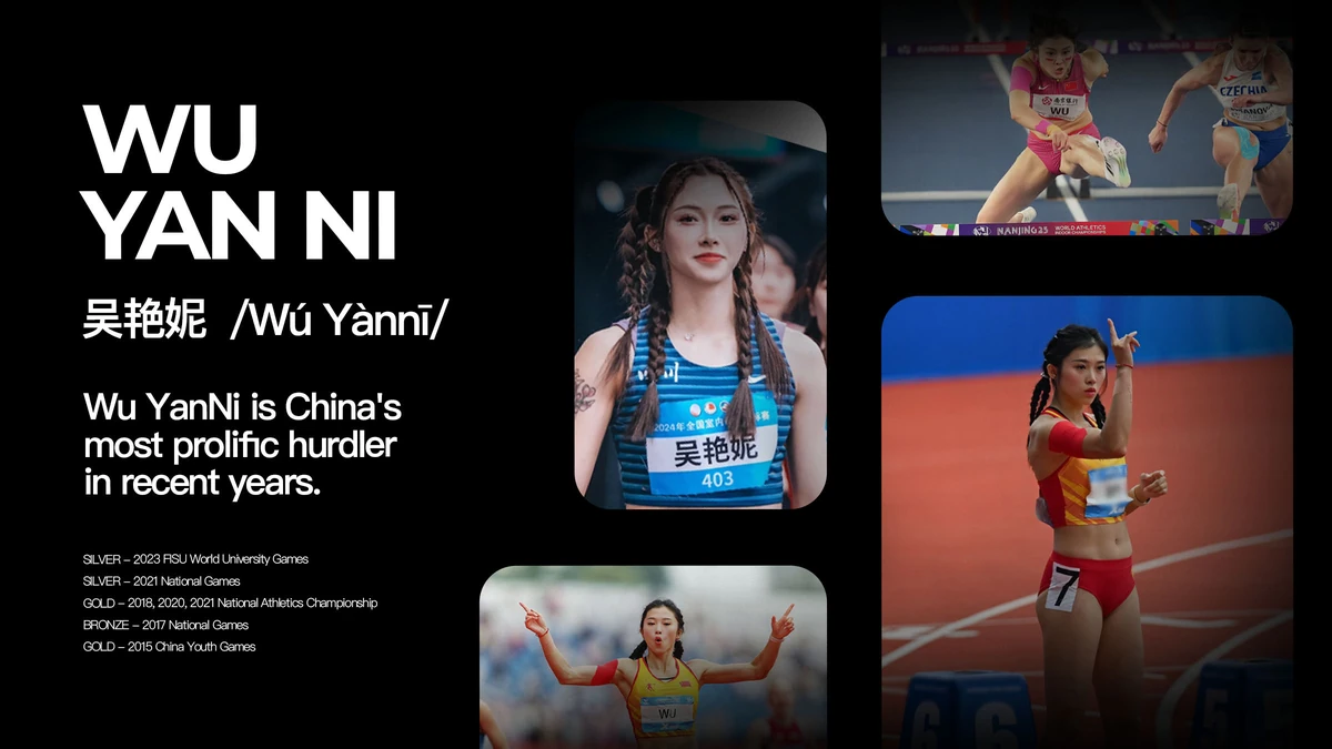 Profile of Wu Yan Ni, China's most prolific hurdler in recent years, with her name and a run of race photos and medals.