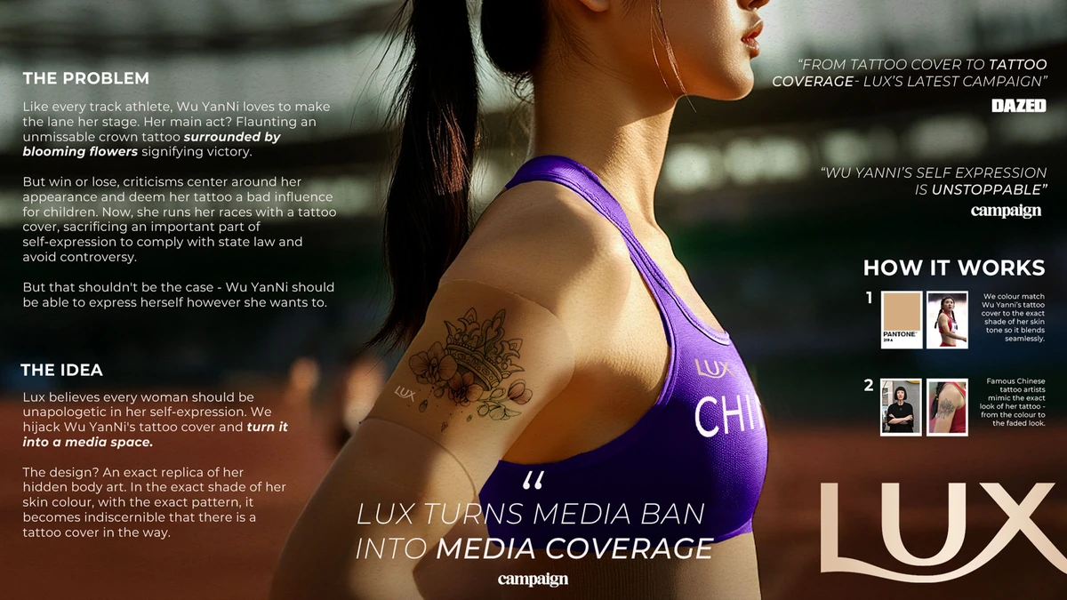 Case study spread: Lux replaces Wu Yan Ni's tattoo cover with an exact replica of her hidden tattoo, turning the media ban into media coverage.