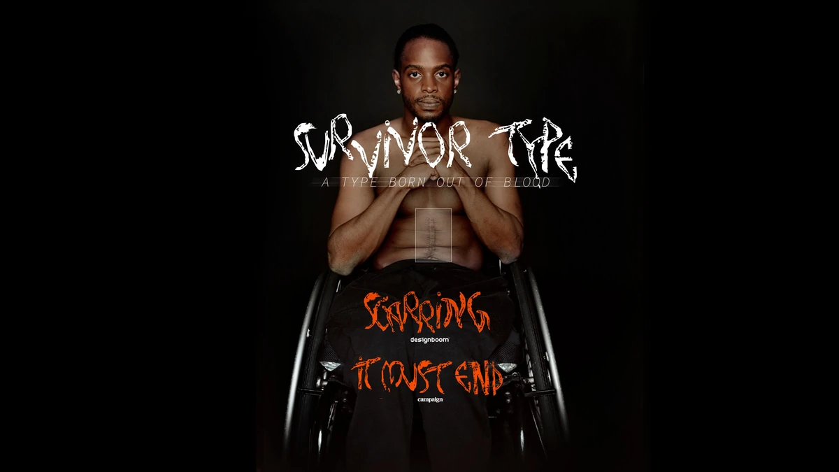 Survivor Type key visual: a survivor of gun violence photographed against black, with headlines set in the scar typeface.