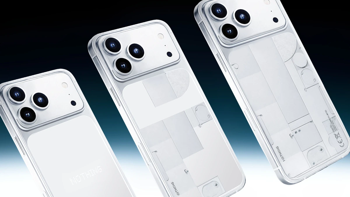 Three iPhones in Nothing's clear case, shown mid-transition as the panels break apart to reveal the Nothing Phone(3) design underneath.