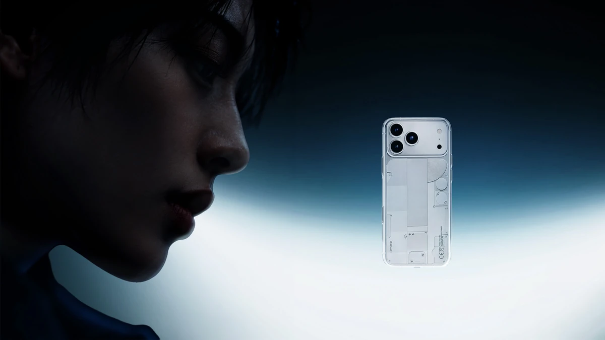 A model's profile in near-darkness beside the case-clad iPhone floating in light, its clear back revealing the Nothing Phone(3) panel design underneath.